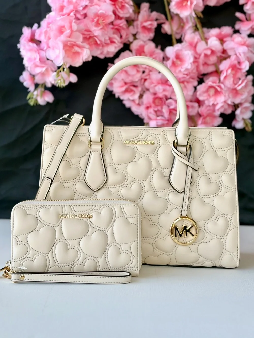 Michael Kors Cream Quilted Heart Satchel and Wristlet Set